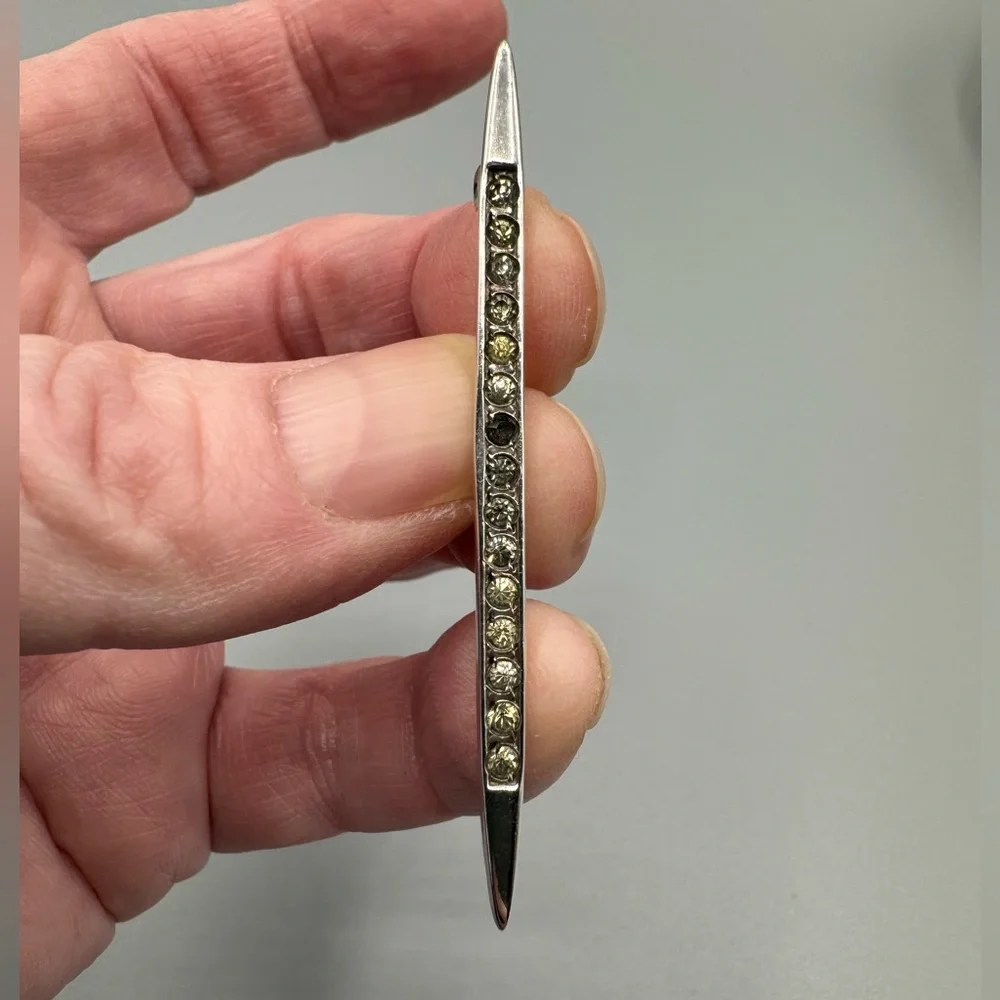 Vintage Art Deco Sterling Silver‎ Bar Pin Brooch with Clear Rhinestones Crystal